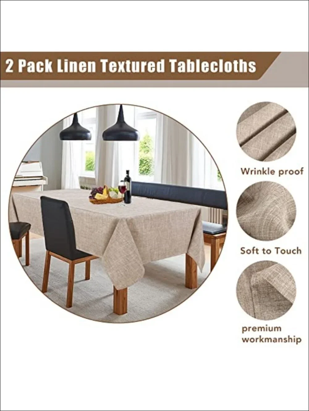 Faux Linen Tablecloths Rectangle 60x84 Inch 2 Pack Wrinkle-Proof Table Covers